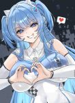 1girl blue_eyes blue_hair blue_nails breasts collared_shirt commentary_request dress dress_shirt fake_horns goddess_of_victory:_nikke grin hair_intakes headphones headset heart heart_hands highres horns large_breasts long_hair mekami_shifty_(nikke) nail_polish pixelated shaded_face shirt skindentation smile solo spoken_heart sunameri_(pixiv3564245) two_side_up very_long_hair white_dress white_shirt 
