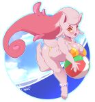  ancient_pokemon big_breasts bikini blush blush_lines breasts clothing eyelashes fangs female front_view generation_9_pokemon hair holding_beach_ball humanoid looking_at_viewer nintendo open_mouth paradox_pokemon pink_body pink_hair pokemon pokemon_(species) pokemon_humanoid scream_tail solo swimwear teeth thick_thighs two-piece_swimsuit weepinbelly wide_hips yellow_bikini yellow_clothing yellow_eyes yellow_swimwear 