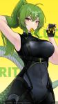  1girl absurdres arknights arknights:_endfield arm_behind_head arm_up armpits bare_shoulders black_bodysuit bodysuit breasts character_name commentary condom condom_box condom_in_mouth condom_wrapper covered_navel fluorite_(arknights) green_eyes green_hair green_tail hair_ornament highres holding holding_condom impossible_bodysuit impossible_clothes large_breasts lavriell long_hair looking_at_viewer mouth_hold presenting reptile_girl simple_background smile snake_girl snake_tail solo tail 