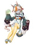  1girl alternate_costume alternate_hair_color alternate_hairstyle animal_ears barefoot blush breasts commentary crystal_ball detached_sleeves feet full_body grey_hair grey_sleeves hair_between_eyes highres holding holding_orb horse_ears horse_girl horse_tail jiangshi_costume legs looking_at_viewer matikanefukukitaru_(umamusume) medium_breasts navel ofuda ofuda_on_nipples open_mouth orange_eyes orb pale_skin pasties sharp_teeth simple_background skindentation skull-shaped_pupils sleeves_past_fingers sleeves_past_wrists smile solo stirrup_legwear stitched_neck stitched_torso stitches symbol-shaped_pupils tabard tail teeth thighhighs toeless_legwear toes umamusume white_background white_headdress white_tabard yellow_thighhighs yingjian 