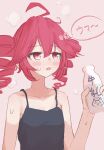  1girl ahoge black_camisole blush blush_stickers bottle camisole collarbone commentary_request double-parted_bangs drill_hair flat_chest hair_between_eyes highres holding holding_bottle kasane_teto milk_bottle open_mouth pink_background red-eye_effect red_hair sidelocks simple_background solo speech_bubble steam sweat thinker25075754 thought_bubble translation_request twin_drills upper_body utau 