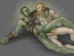  abs anal anal_penetration ariesgr balls beard biceps blonde_hair blue_eyes clenched_fist erection facial_hair gay green_penis green_skin hair hug human interspecies leather male mammal muscles nipples nord nude orc pecs penetration penis pubes red_eyes sex skyrim teeth the_elder_scrolls tusks wristband 