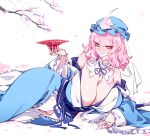  1girl absurdres blue_hat blue_kimono breast_tattoo butterfly_tattoo cherry_blossoms closed_mouth commentary_request cup falling_petals frilled_kimono frilled_sleeves frills hat highres holding holding_cup japanese_clothes kimono long_sleeves looking_at_viewer lying medium_hair mob_cap no_panties obi off_shoulder on_side petals pink_eyes pink_hair pink_petals raptor7 saigyouji_yuyuko sakazuki sash smile solo tattoo touhou triangular_headpiece wide_sleeves 