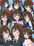  1girl :d ;) ;d ;p aqua_background bare_back bare_shoulders bikini black_jacket blue_bikini blue_eyes bow breasts brown_hair buttons collared_shirt commentary_request demon_horns frilled_sleeves frills hair_between_eyes hair_bow highres horns jacket large_breasts long_sleeves looking_at_viewer love_live! love_live!_nijigasaki_high_school_idol_club multiple_persona nijigasaki_school_uniform one_eye_closed open_mouth osaka_shizuku red_bow red_scarf scarf school_uniform shinonome_sakura shirt smile solo swimsuit teeth tongue tongue_out upper_body upper_teeth_only white_bow 