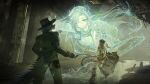  1boy 2girls arknights artist_request asymmetrical_horns cairn_(arknights) cowboy_shot facing_away fingerless_gloves full_body game_cg gloves hat highres holding holding_shield horns id_card lizard_tail long_braid multiple_girls nasti_(arknights) official_art one_eye_closed pants pointy_ears puddle reptile_boy salute sewer shield skybox_(arknights) smile tail third-party_source uneven_bangs uneven_horns upper_body 
