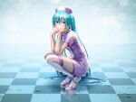  1girl aqua_eyes aqua_hair aqua_nails blurry bokeh breasts buttons checkered_background checkered_floor closed_mouth collared_dress commentary_request depth_of_field double-breasted dress elbows_on_knees frilled_thighhighs frills from_side full_body hair_between_eyes hair_spread_out hands_on_own_cheeks hands_on_own_face hat hatsune_miku head_rest high_heels highres legs_together long_hair looking_at_viewer medium_breasts nail_polish nurse nurse_cap on_floor pink_dress pink_hat puddle purple_shoes reflective_floor see-through_clothes see-through_thighhighs shoes short_dress sidelocks smile solo squatting stiletto_heels strappy_heels thighhighs toenail_polish toenails two-tone_dress very_long_hair vocaloid white_thighhighs wokada 