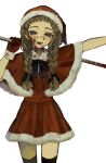  1girl alternate_costume alternate_hairstyle blood blood_on_face braid brown_hair commentary_request dress eyelashes gnosia hair_between_eyes hat highres hjm_gn kukrushka_(gnosia) long_hair long_sleeves looking_at_viewer low_twin_braids santa_costume santa_dress santa_hat smile solo twin_braids wavy_hair 