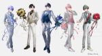  5boys ahoge anemone_(flower) aogiri_eito arm_behind_back aruse_inu black_flower black_hair black_ribbon black_rose black_shirt black_shoes blue_eyes blue_flower blue_hair blue_necktie blue_ribbon blue_rose blue_shoes blue_vest bouquet boutonniere bow bowtie brooch buttoned_cuffs buttons calla_lily closed_mouth collared_shirt commentary_request copyright_notice cross-laced_shoes cross_tie crossed_bangs dahlia daisy_(flower) double-breasted dress_shoes ear_piercing earrings flower full_body gradient_hair green_hair green_ribbon green_vest grey_background grey_bow grey_bowtie grey_eyes grey_jacket grey_pants grey_ribbon grey_suit groom hair_between_eyes hand_in_pocket hand_on_own_chin hand_up highres holding holding_bouquet holding_ribbon jacket jewelry lapels lineup long_sleeves looking_at_viewer male_focus minase_(neo-porte) mole mole_under_eye mullet multicolored_hair multiple_boys neck_ribbon necktie neo-porte notched_lapels offering_hand official_art open_clothes open_jacket orange_flower orange_rose outstretched_arm oxfords pankou pants parted_lips petals piercing pink_flower pink_hair pink_ribbon pink_rose pink_socks pink_vest pinstripe_pattern pinstripe_vest purple_eyes purple_ribbon red_eyes red_flower red_hair red_petals red_ribbon red_rose red_sash ribbon rose sample_watermark sash shirayuki_reid shirt shoes short_hair shoulder_sash simple_background smile snowflake_brooch socks standing streaked_hair stud_earrings suit suit_jacket suit_pants two-tone_hair ueauwa vest virtual_youtuber watermark white_background white_flower white_jacket white_pants white_rose white_shirt white_shoes white_streaks white_suit wingtip_collar yagami_tsukumo yellow_eyes yellow_flower yellow_ribbon yellow_rose yellow_vest 