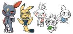  blush breasts clothing cosplay_pikachu_(costume) covering covering_crotch female grookey hi_res looking_at_viewer lying mammal nintendo nipples on_back open_mouth pikachu pikachu_libre pok&eacute;mon pok&eacute;mon_(species) primate red_eyes reptile scalie scorbunny simple_background sneasel sobble uyu video_games white_background 