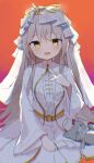  1girl :d \||/ backlighting belt blush bridal_veil bride brown_hair charlotta_skopovskaya charlotta_skopovskaya_(innocent_nevesta) commentary cowboy_shot dress empty_eyes falling_petals fan_request furrowed_brow glint hand_up heaven_burns_red highres jewelry long_hair long_sleeves looking_at_viewer official_alternate_costume open_mouth petals red_background ring rinki_oohen sidelocks simple_background smile solo stuffed_animal stuffed_cat stuffed_toy veil very_long_hair wedding_dress wedding_ring white_dress white_veil wide_sleeves yellow_belt yellow_eyes 