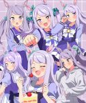 1girl absurdres alternate_hairstyle animal_ears back blush bow cake cake_slice clenched_hand closed_eyes commentary_request dessert food fork highres holding holding_fork horse_ears jacket long_hair mejiro_mcqueen_(umamusume) multiple_views open_mouth purple_eyes purple_hair school_uniform shinonome_sakura skirt tracen_school_uniform umamusume white_bow white_skirt 