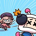  1boy 1girl beret blush bomb bomberman bow brown_hair brown_pantyhose cardigan closed_mouth commentary explosive green_eyes hair_ornament hairclip hat hat_pin long_hair nijisanji pantyhose pink_bow pink_cardigan pink_skirt pongari purple_hat purple_skirt skirt smile striped_bow striped_clothes striped_skirt suzuhara_lulu suzuhara_lulu_(1st_costume) throwing two-tone_bow vertical-striped_clothes vertical-striped_skirt virtual_youtuber white_bomberman x_x 