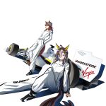  2girls ahoge animal_ears beanie blue_eyes breasts bridgestone brown_hair candy car closed_mouth dream_journey_(umamusume) ears_through_headwear food food_in_mouth formula_one formula_racer glasses grey_hat hair_between_eyes hands_in_pockets hat highres horse_ears horse_girl horse_tail jumpsuit lollipop lollipop_in_mouth long_hair long_sleeves motor_vehicle multicolored_hair multiple_girls nakayama_festa_(umamusume) pants race_vehicle racecar racing_suit shoes sitting small_breasts tail toyeeta_prius umamusume virgin_(company) white_hair white_jumpsuit white_pants 