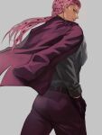  1boy alternate_costume ass belt black_belt braid diavolo formal_clothes from_behind gloves grey_shirt hand_on_own_hip highres jacket jacket_on_shoulders jojo_no_kimyou_na_bouken long_hair long_sleeves looking_at_viewer looking_back male_focus pants pink_hair purple_gloves purple_pants rr9pt76u5phwgqx shirt simple_background solo spotted_hair suit vento_aureo 