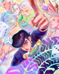 1girl 6+boys anchor_ornament aqua_eyes aqua_outline black_coat black_hair blue_eyes brooch choker coat commentary compound_eyes diamond_wa_kudakenai dice dollar_sign earrings earth_wind_&amp;_fire_(stand) echoes_(stand) echoes_act3 facial_mark foreshortening gakuran green_headband green_jacket green_shirt hairband hat hazekura_mikitaka headband heart heart_brooch higashikata_josuke high_collar highres hirose_koichi holding holding_pen inkwell jacket jewelry jojo_no_kimyou_na_bouken kishibe_rohan kujo_jotaro long_sleeves multicolored_hair multiple_boys nib_pen_(object) nijimura_okuyasu open_mouth outline own_hands_clasped own_hands_together paper peace_symbol pen pink_eyes pink_hair pink_lips pointing pointing_at_viewer pompadour purple_eyes sayurkailen school_uniform shirt short_hair splatter stand_(jojo) stud_earrings sugimoto_reimi two-tone_hair untranslatable_commentary white_coat white_hair white_hat yellow_eyes yellow_hairband 