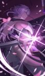  1girl absurdres armor bare_shoulders black_background bodysuit breasts closed_mouth clothing_cutout commentary english_commentary falling_petals fighting_stance from_below from_side glowing glowing_weapon goddess_of_victory:_nikke hair_between_eyes hat highres holding holding_sword holding_weapon japanese_armor jingasa large_breasts large_hat long_hair looking_ahead petals pink_petals ready_to_draw scarlet_(nikke) sideboob solo standing sword thigh_cutout thighs very_long_hair weapon white_bodysuit white_hair yellow_eyes zanmangkkoon 