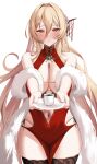  1girl azur_lane black_thighhighs blonde_hair blush breasts clothing_cutout commentary cowboy_shot cup dress feather_boa flower hair_between_eyes hair_flower hair_intakes hair_ornament highres holding holding_plate huge_breasts implacable_(azur_lane) implacable_(her_beauty_runneth_over)_(azur_lane) incoming_drink lace-trimmed_thighhighs lace_trim long_hair_between_eyes looking_at_viewer navel navel_cutout official_alternate_costume orange_eyes panties plate red_dress red_eyes side-tie_panties simple_background solo thighhighs underwear white_background wynnblue 