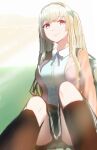  1girl absurdres blue_ribbon green_hair hair_tie hairband heaven_burns_red highres leg_up long_hair looking_at_viewer mole mole_under_mouth murofushi_risa neck_ribbon on_ground ribbon school_uniform socks utsusemi_(parutyi) 