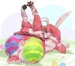 absurd_res anthro anus beagle big_butt blush blush_lines bodypaint breasts butt canid canine canis clothing domestic_dog easter easter_egg egg faeyyaa fake_ears fake_rabbit_ears female fishnet_clothing fishnet_legwear fur genitals grass hi_res holidays hunting_dog legwear looking_at_viewer lying mammal nipples nude on_back paws pink_body pink_fur plant rose_(mootsncompany) scent_hound short_tail shy solo tail thick_thighs vulva