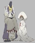  1girl absurdres black_sclera blue_eyes brown_hair colored_sclera digimon digimon_tamers full_body grey_background highres kitsune ldhdigimon makino_ruki purple_eyes robe simple_background standing taomon white_robe 