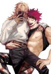  2boys absurdres belt black_pants blonde_hair commentary_request covered_face denisefanta eustass_kid goggles goggles_on_head hand_on_another's_waist highres holding holding_phone killer_(one_piece) male_focus mature_male multiple_boys nipple_piercing nipple_rings nipples one_piece pants phone piercing red_hair ring_piercing sideburns sweater tongue tongue_out tongue_piercing white_sweater yaoi 