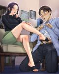  1boy 1girl age_difference ankle_socks anklet bare_legs belt belt_buckle black_hair black_sandals black_shoes black_socks black_sweater blue_skirt blush book bookshelf breasts brown_belt brown_eyes brown_hair brown_shoes buckle chair clothes_lift collared_shirt commission disclaimer dress_shirt dress_shoes earrings eyelashes foot_on_another's_stomach gold_anklet green_eyes green_skirt hand_on_own_face hand_on_own_leg hetero high-waist_skirt high_heel_sandals high_heel_slides high_heels jewelry kneeling kyuuso_inukami lipstick long_eyelashes long_hair long_sleeves looking_at_another looking_down makeup medium_breasts nail_polish nose_blush office_lady on_chair on_floor open_clothes open_shirt original pants parted_bangs parted_hair parted_lips pencil_skirt picture_frame pixiv_commission red_nails salaryman sandals shirt shirt_lift shoes short_hair skirt socks stepped_on sweat sweatdrop sweater teardrop_earrings toes turtleneck turtleneck_sweater unbuttoned unbuttoned_shirt undershirt undressing white_shirt wooden_chair 