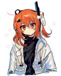  1girl a.i._voice adachi_rei black_shirt commentary cropped_torso drawstring expressionless flower hair_ornament hair_ribbon headlamp headset highres jacket medium_hair one_side_up open_clothes open_jacket orange_eyes orange_hair radio_antenna ribbon sanotsuki_(mochi0101_831) shirt simple_background solo sound_wave utau white_background white_jacket white_ribbon 