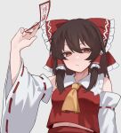  1girl ascot between_fingers bow breasts brown_eyes brown_hair closed_mouth commentary detached_sleeves frilled_bow frilled_hair_tubes frills hair_bow hair_tubes hakurei_reimu highres holding holding_ofuda jager long_hair looking_at_viewer medium_breasts ofuda ofuda_between_fingers red_bow red_skirt ribbon-trimmed_sleeves ribbon_trim skirt skirt_set solo touhou untranslatable_commentary yellow_ascot 