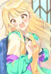  1girl backpack bag blonde_hair fujita_kotone gakuen_idolmaster hood hood_down hooded_jacket idolmaster indoors jacket long_hair long_sleeves looking_at_viewer open_clothes open_jacket open_mouth shiroquroha_t shirt solo surprised sweatdrop upper_body yellow_eyes yellow_shirt 