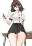  1girl absurdres black_hair black_skirt commentary_request hat highres holding holding_pen kuraki looking_at_viewer pen pleated_skirt puffy_short_sleeves puffy_sleeves red_eyes red_hair shameimaru_aya shirt short_hair short_sleeves simple_background skirt solo standing tokin_hat touhou white_background white_shirt 