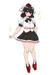  1girl avian_zebra black_bow black_bowtie black_skirt bow bowtie commentary english_commentary frilled_skirt frills full_body geta hat highres looking_at_viewer medium_hair pleated_skirt pointy_ears pom_pom_(clothes) red_hat shameimaru_aya shirt simple_background skirt smile solo sparkle sparkling_aura standing tengu-geta tokin_hat touhou white_background white_shirt 
