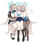  3girls animal_ears anyak05 aqua_leotard asuna_(blue_archive) asuna_(bunny)_(blue_archive) asuna_(school_uniform)_(blue_archive) asymmetrical_bangs blonde_hair blue_archive blue_bow blue_bowtie blue_eyes blue_halo blue_leotard blue_ribbon bow bowtie breasts button_gap choker cleavage detached_collar fake_animal_ears gloves grin hair_over_one_eye halo high_heels highleg highleg_leotard highres large_breasts leotard long_hair looking_at_viewer loose_bowtie mole mole_on_breast multiple_girls official_alternate_costume pantyhose playboy_bunny pleated_skirt rabbit_ears ribbon school_uniform shirt simple_background sitting skirt smile strapless strapless_leotard thighband_pantyhose thighs traditional_bowtie undersized_breast_cup very_long_hair white_background white_gloves white_shirt 