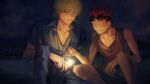  2boys absurdres blonde_hair blue_shirt closed_mouth collarbone commentary_request denisefanta eustass_kid goggles goggles_on_head highres killer_(one_piece) multiple_boys night one_piece outdoors red_hair shirt shorts squatting tank_top 