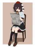 1girl black_hair black_necktie black_skirt black_socks border brown_background brown_shoes collared_shirt commentary_request cup disposable_coffee_cup disposable_cup drinking frilled_skirt frills full_body hand_up hat highres holding holding_cup holding_newspaper kneehighs loafers necktie necono_(nekonosora1207) newspaper outside_border pointy_ears puffy_short_sleeves puffy_sleeves reading red_eyes red_hat shadow shameimaru_aya shirt shoes short_hair short_sleeves simple_background sitting skirt socks solo tokin_hat touhou white_border white_shirt 