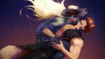  2boys bare_pectorals black_hat black_pants black_vest blonde_hair blue_shirt commentary_request cowboy_hat cowboy_western denisefanta eustass_kid gradient_background grin hat highres killer_(one_piece) long_hair male_focus multiple_boys one_piece open_mouth pants pectorals red_hair shirt short_hair sleeveless smile vest yaoi 