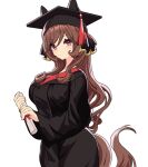  1girl animal_ears black_hat black_robe breasts brown_hair closed_mouth commentary_request diploma ear_covers ears_through_headwear gentildonna_(umamusume) graduation hair_between_eyes hat hat_tassel holding holding_diploma horse_ears horse_girl horse_tail large_breasts long_hair long_sleeves looking_at_viewer mortarboard nieto_tokage red_eyes robe simple_background solo tail tassel umamusume white_background 
