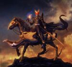  1boy arcle_(kuuga) armor belt black_armor black_belt black_cape black_horse cape cloud cloudy_sky commentary_request compound_eyes flaming_hand full_body glowing glowing_eyes gold_horns gold_trim gouram highres holding holding_polearm holding_weapon horns horse kamen_rider kamen_rider_kuuga kamen_rider_kuuga_(series) kamen_rider_kuuga_(ultimate_form) katou_yuu looking_at_viewer multiple_horns polearm red_eyes rider_belt riding riding_animal shoulder_armor sky spear weapon 