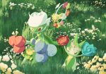  absurdres blue_flower blue_rose budew closed_mouth colored_skin comfey commentary evolutionary_line flower flower_necklace flower_wreath grass green_skin highres outdoors pokemon pokemon_(creature) pokemon_focus red_eyes red_flower red_rose rose roselia_(pokemon) roserade sazanami_(rsrm1) sitting smile untranslatable_commentary 