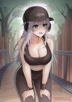  1girl absurdres akaharuu alternate_costume bare_shoulders baseball_cap black_hat black_leggings black_sports_bra blurry blurry_background breasts bright_pupils cleavage commentary cowboy_shot green_eyes grey_hair hands_on_own_thighs hat headphones highres hololive hololive_indonesia large_breasts leaning_forward leggings long_hair looking_ahead midriff nail_polish open_mouth outdoors pavolia_reine purple_nails solo sports_bra standing sweat sweatband tree twitter_username virtual_youtuber watch wavy_mouth white_pupils wristband 
