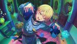  1boy bags_under_eyes bead_necklace beads blonde_hair blue_shirt chinese_clothes colorful_palette cowboy_shot double-parted_bangs earrings fingernails flower game_cg gold_trim gradient_hair hair_between_eyes hands_up highres jewelry lantern long_sleeves looking_at_viewer male_focus multicolored_hair necklace official_alternate_costume official_art ofuda open_mouth orange_eyes orange_flower orange_hair orange_rose outstretched_arms pants project_sekai rose shanghai_neckline shelf shirt short_hair solo spirit standing stuffed_animal stuffed_raccoon stuffed_toy teeth tenma_tsukasa third-party_source tongue upper_body v-shaped_eyebrows vase white_flower white_pants white_rose wide_sleeves zansho_no_inside_direction_(project_sekai) zombie_pose 