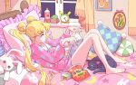  1girl alarm_clock animal barefoot bed bishoujo_senshi_sailor_moon blonde_hair blue_eyes bow cat clock commentary curtains double_bun english_commentary eyelashes food food_in_mouth frieren from_side hair_bow hair_bun head_on_pillow highres holding holding_manga indoors long_hair long_sleeves luna_(sailor_moon) manga_(object) on_bed pajamas pillow pink_bow pink_nails pink_pajamas pocky pocky_in_mouth sidney_deng solo sousou_no_frieren star_(symbol) stuffed_animal stuffed_rabbit stuffed_toy tsukino_usagi twintails very_long_hair whiskers window 