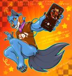 4_toes absurd_res anthro background_text blue_body blue_fur bottomless brown_pupils canid canine canis cellphone checkered checkered_background cibguts claws clothed clothing cord devil_horns_(gesture) earbuds electronics fanges feet fin fur generation_3_pokemon geometric_background gesture gradient_background hand_gesture handpaw head_tuft headphones hi_res holding_object holding_phone hot_wheels hot_wheels_twin_mill hybrid jumping looking_at_viewer lyrics male mammal mattel midair music nails nintendo orange_body orange_gills orange_pawpads orange_scales orange_sclera pattern_background pawpads paws persim_scarf phone phone_screen pokemon pokemon_(species) pupils rocking_out samsung_galaxy scales scarf short_sleeved_shirt simple_background smartphone smash_mouth smile solo splatoon swampert tail tail_fin teeth toes tuft wolf xevy