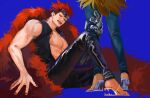  2boys abs black_pants black_vest blonde_hair commentary_request denisefanta eustass_kid feather_boa goggles goggles_on_head grabbing_another's_leg highres killer_(one_piece) male_focus multiple_boys one_piece open_clothes open_vest pants parted_lips red_eyes red_hair sandals sitting vest 