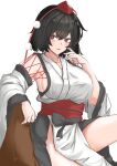  1girl absurdres black_hair breasts collarbone commentary_request detached_sleeves hat highres kourindou_tengu_costume kuraki looking_at_viewer obi pelvic_curtain pom_pom_(clothes) red_eyes red_hair red_sash sash shameimaru_aya short_hair sideboob simple_background solo thighs tokin_hat touhou white_background 