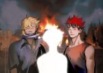  3boys absurdres black_shirt blonde_hair broken_goggles burning closed_mouth commentary_request denisefanta eustass_kid facial_hair fire floating_hair forest glowing goatee goggles goggles_on_head hair_over_one_eye highres killer_(one_piece) long_hair looking_at_viewer male_focus multiple_boys nature one_piece outdoors purple_lips red_eyes red_hair shirt short_hair silhouette sleeveless spiked_hair toned toned_male upper_body 