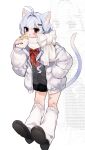  1girl absurdres ahoge animal_ears ascii_art bandaid bandaid_on_leg black_cardigan black_shoes blue_hair blush bow bowtie cardigan cat_ears cat_girl cat_tail commentary_request dot_nose eating food full_body hair_intakes hand_in_pocket highres holding holding_food jacket kmnk_(kumanuko) kneehighs long_hair long_sleeves open_clothes open_jacket open_mouth original red_bow red_bowtie red_eyes scarf scarf_bow shoes simple_background socks solo standing tail taiyaki wagashi white_background white_jacket white_scarf white_socks 