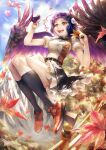  1girl :d absurdres arm_up black_hair black_skirt black_socks black_wings breasts bridge brown_shoes buttons camera commentary_request day falling_leaves feathered_wings floating frilled_skirt frills full_body hat hauchiwa highres holding holding_camera kneehighs knees_up leaf loafers looking_at_object maple_leaf medium_breasts open_mouth outdoors puffy_short_sleeves puffy_sleeves red_eyes red_hat shameimaru_aya shirt shoes short_hair short_sleeves skirt smile socks solo sunlight teeth thighs tokin_hat touhou upper_teeth_only wakichimiu white_shirt wings wooden_bridge 