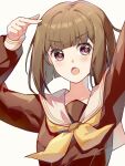  1girl :o alternate_hair_length_(shorter) arms_up bob_cut brown_dress brown_hair commentary_request dress hasu_no_sora_school_uniform highres inverted_bob kachimachi_kosuzu link!_like!_love_live! long_sleeves love_live! neckerchief official_alternate_hairstyle open_mouth pink_eyes ruoguiling sailor_collar sailor_dress school_uniform short_hair side_ahoge simple_background solo upper_body v-shaped_eyebrows virtual_youtuber white_background white_sailor_collar winter_uniform yellow_neckerchief 