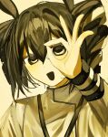  1girl :d animal_ears blush bow buttons commentary_request double-breasted double-parted_bangs drill_hair flat_chest hair_between_eyes hair_bow hand_up highres jacket kasane_teto kasane_teto_(sv) kurobarashan light_particles long_sleeves looking_at_viewer musekinin_shuugoutai_(synthesizer_v) no_pupils ok_sign ok_sign_over_eye open_mouth rabbit_ears rabbit_girl sepia short_hair shoulder_belt simple_background sleeve_cuffs smile solo synthesizer_v tsurime turtleneck turtleneck_jacket twin_drills uneven_eyes upper_body utau yellow_background 