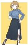  1girl :d alternate_costume alternate_hair_length_(shorter) black_boots black_skirt blue_sweater bob_cut boots border commentary_request eggplant128 full_body inverted_bob kachimachi_kosuzu link!_like!_love_live! looking_at_viewer love_live! official_alternate_hairstyle open_mouth outside_border pink_eyes ribbed_sweater short_hair side_ahoge side_slit simple_background skirt smile solo sweater turtleneck turtleneck_sweater virtual_youtuber white_border yellow_background 